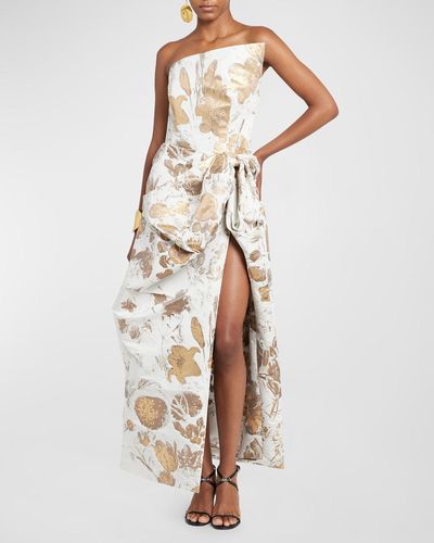 Alexander McQueen Metallic Floral Brocade Draped Strapless Midi Evening Dress - Natural