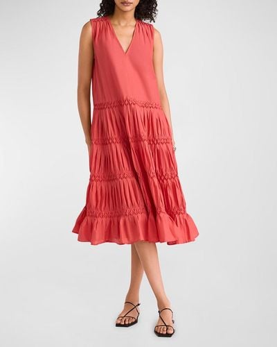 Merlette Wallis Smocked Cotton Lawn Midi Dress - Red