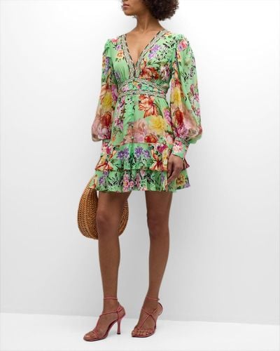 Camilla Button-Front Frill Tiered Silk Mini Dress - Multicolor