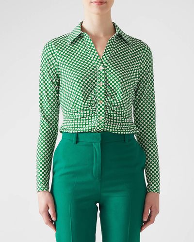 LK Bennett Molly Ruched Polka-Dot Button-Down Top - Green