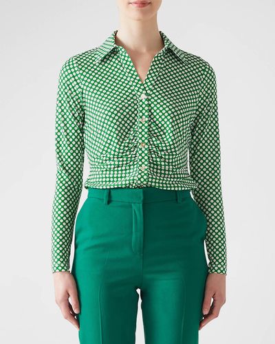 LK Bennett Molly Ruched Polka-dot Button-down Top - Green