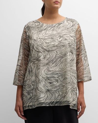 Caroline Rose Plus Plus Size Sheer Embroidered 3/4-Sleeve Tunic - Gray