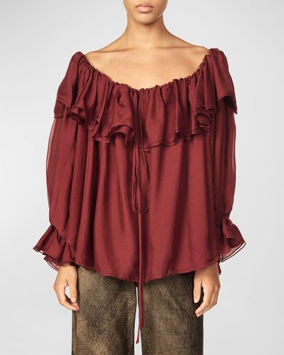 Interior Firanelli Ruffle Scoop-Neck Long-Sleeve Silk Peasant Blouse - Red