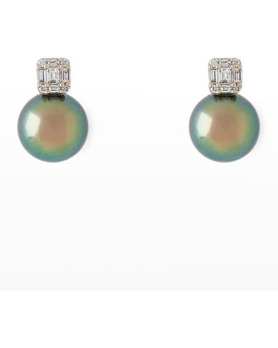 Pearls By Shari 18k White Gold 8mm Black Tahitian Pearl With Baguette Diamond Stud Earrings - Green