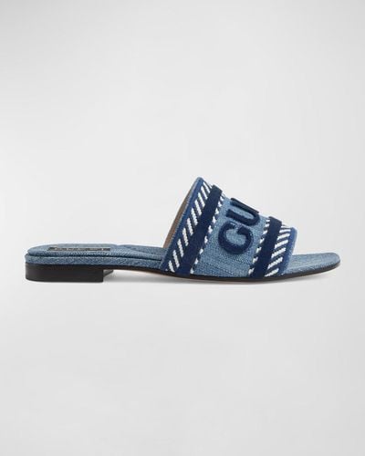 Gucci Jane Logo Denim Slide Sandals - Blue