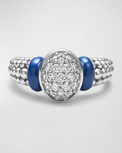 Lagos Blue Caviar Marine Ceramic And Smooth Diamond Oval Pave Ring