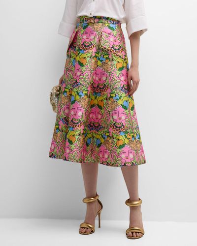 Maison Common Face-Print Belted Midi A-Line Skirt - Multicolor