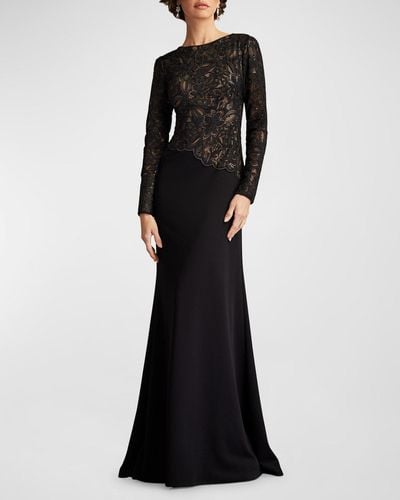 Tadashi Shoji A-Line Crepe And Sequin Lace Gown - Black