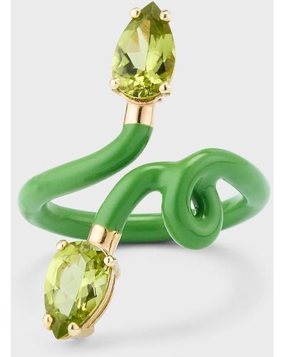 Bea Bongiasca Double Vine Tendril Ring With Enamel And Drop-Cut Peridot - Green