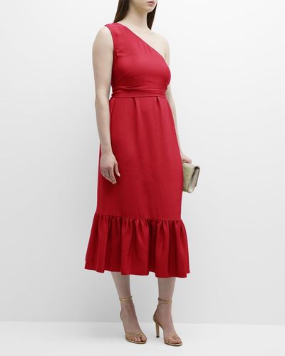 Gabriella Rossetti Fiorella One-Shoulder Ruffle Midi Dress - Red