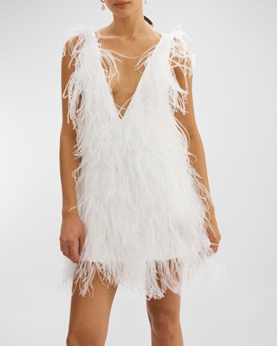 Lamarque Alena Ostrich Feather V-Neck Mini Dress - White