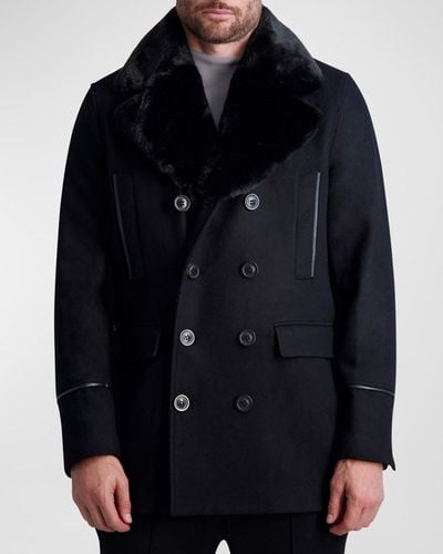 Karl Lagerfeld Wool Peacoat W/ Faux Fur Collar - Blue