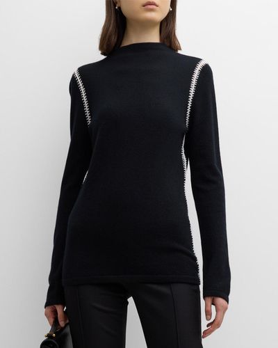 Neiman Marcus Cashmere Mock Neck Sweater With Whipstitch Detailing - Black