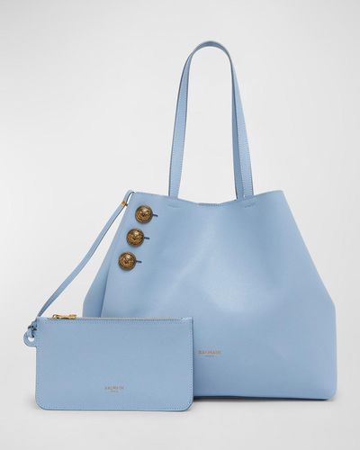 Balmain Embleme Shopper Tote Bag In Grained Leather - Blue