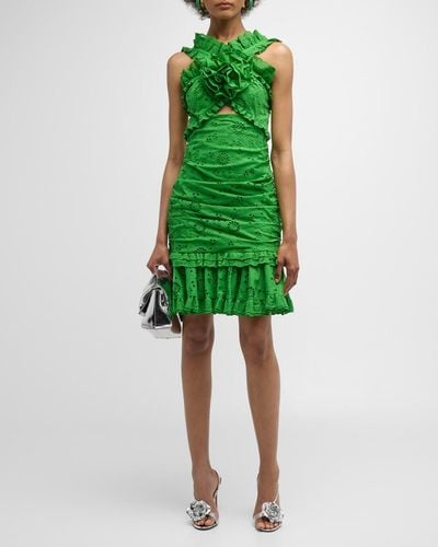 Carolina Herrera Flower-Applique Cutout Ruffle Halter Broderie Anglaise Mini Dress - Green