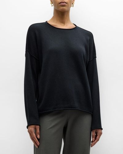 Eileen Fisher Crewneck Drop-Shoulder Knit Pullover - Black