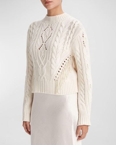 Vince Wool Fringe-Trim Cable-Knit Sweater - White