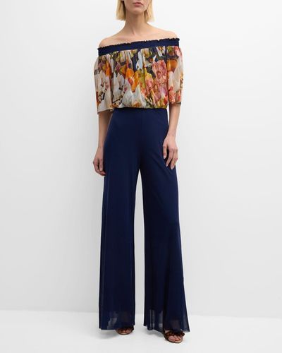 Fuzzi Off-Shoulder Floral-Print Tulle Jumpsuit - Blue