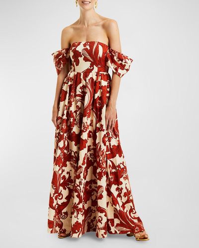 mestiza Odette Scroll-print Off-shoulder Gown - Red
