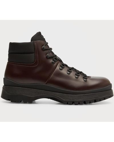 Prada Brucciato Leather Lace-Up Hiking Boots - Brown