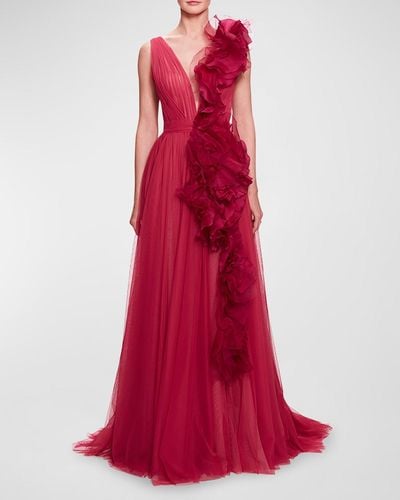 Marchesa Cascading Floral Ruffle Plunging Tulle Gown - Red