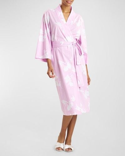 Natori Hana Floral-Print 3/4-Sleeve Cotton Robe - Pink