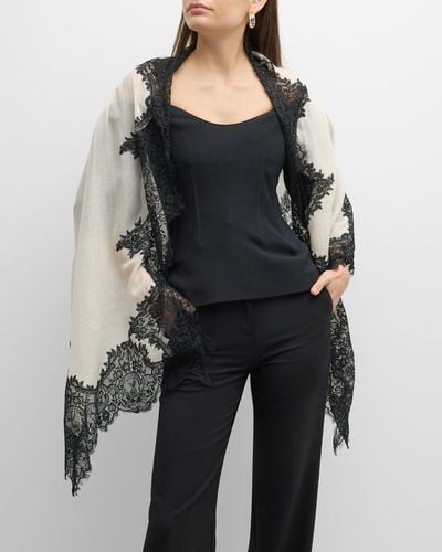 Bindya Accessories White Lace Trim Cashmere & Silk Evening Wrap - Black