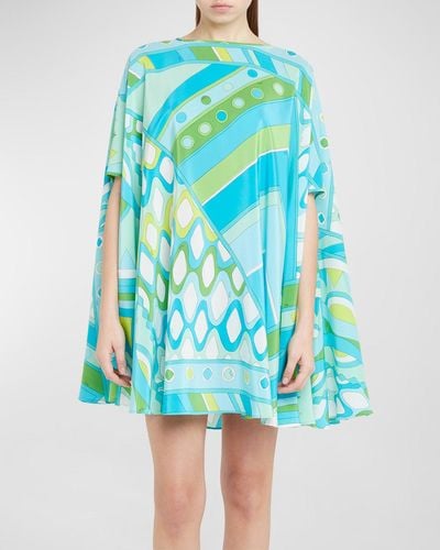 Emilio Pucci Abstract-Print Short-Sleeve Mini Kaftan Dress - Blue