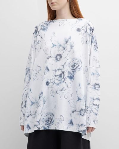Eskandar Long Floral-Print T-Shirt With Slash Neck - Gray