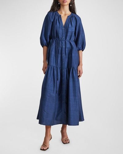 Apiece Apart Mitte Tiered Blouson-Sleeve Maxi Dress - Blue