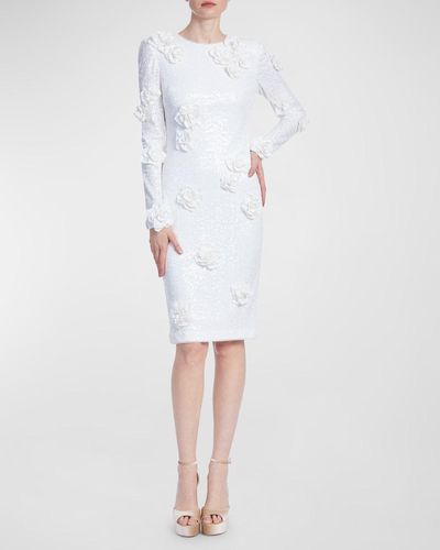 Badgley Mischka Floral Applique Sequin Bodycon Midi Dress - White