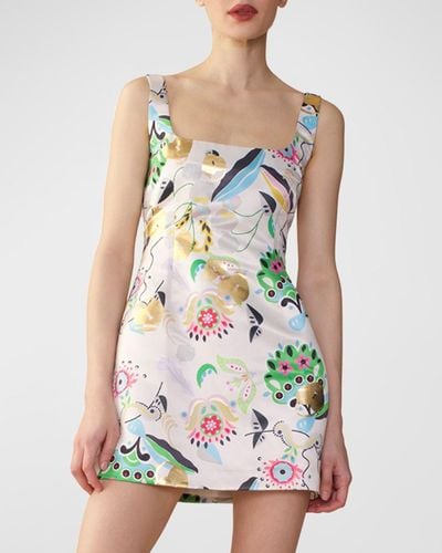 Cynthia Rowley Square-Neck Floral-Print Satin Mini Dress - Green