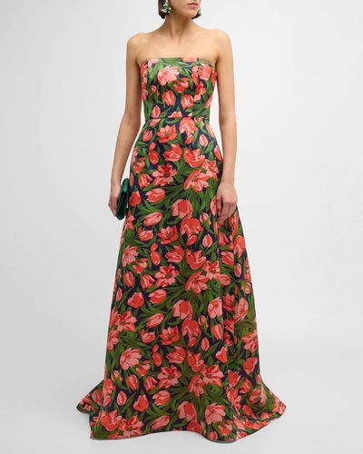 Carolina Herrera Floral Print Strapless Gown - Red
