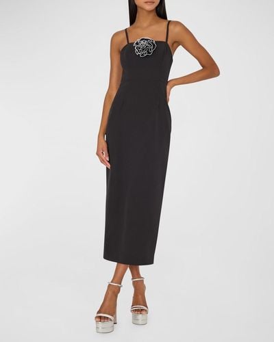 MILLY Allison Sleeveless Rosette Column Midi Dress - Black