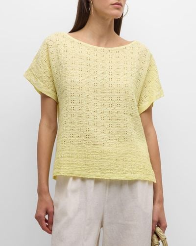 120% Lino Embroidered Eyelet Linen Jersey Tee - Yellow