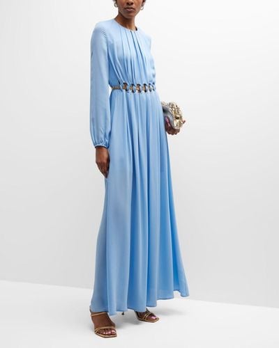 St. John Chain Cutout Long-Sleeve Silk Georgette Gown - Blue