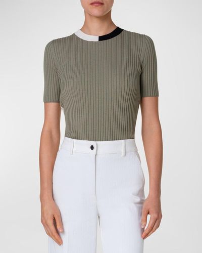 Akris Punto Ribbed Knit Wool Top With Colorblock Collar - Gray