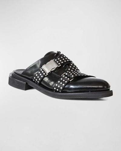 Les Hommes Leather Studded Strap Mule Loafers - Black