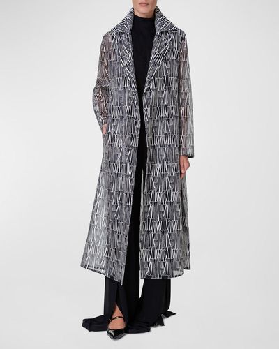 Akris Iman Silk Organza Trench Coat With Asagao Striped Embroidery - Gray