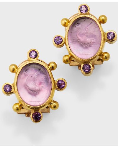 Elizabeth Locke 19k Venetian Glass Intaglio Oval Crane Earrings With 2.5mm Amethyst And Dots, Mulberry - Pink