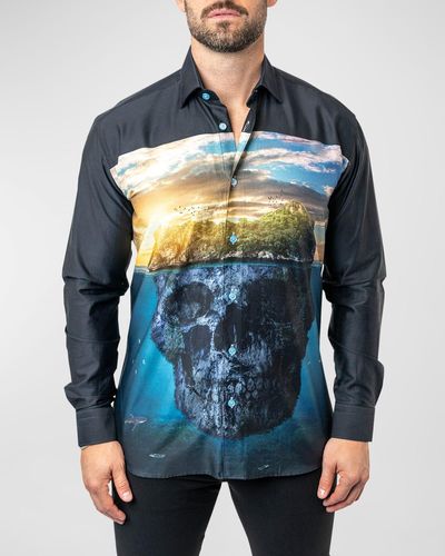 Maceoo Fibonacci Skull Island Dress Shirt - Blue