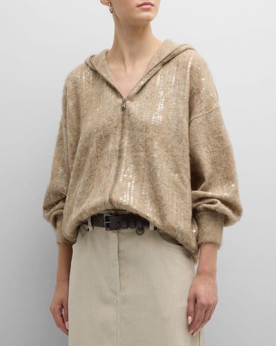 Brunello Cucinelli Waterfall Sequined Cashmere Mohair Zip-up Cardigan - Natural