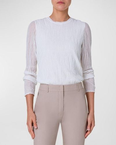 Akris Fine Gauge Asagao Jacquard Knit Long-Sleeve Fitted Sweater - White
