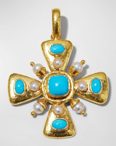 Elizabeth Locke Sleeping Beauty Turquoise And Pearl Maltese Cross Pendant - Blue
