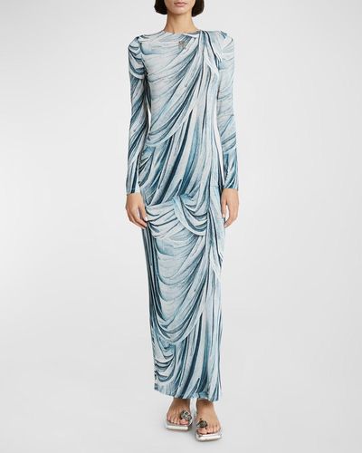 Rabanne Draped-Print Long-Sleeve Backless Maxi Dress - Blue