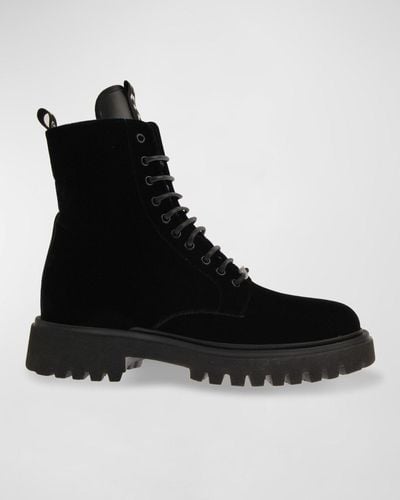 John Galliano Lug Sole Velvet Combat Boots - Black