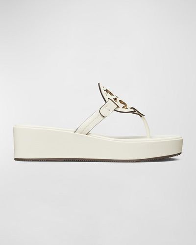 Tory Burch Miller Leather Logo Wedge Thong Sandals - White