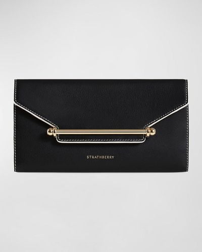 Strathberry Multrees Flap Leather Wallet On Chain - Black