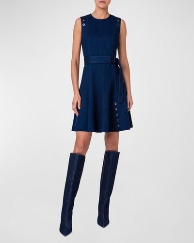 Akris Punto Belted Stretch Denim Short Dress With Eyelet Applications - Blue