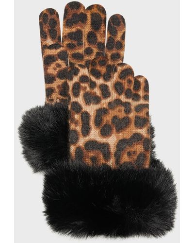 Sofiacashmere Leopard Print Cashmere Gloves W/ Faux Fur Cuffs - Black